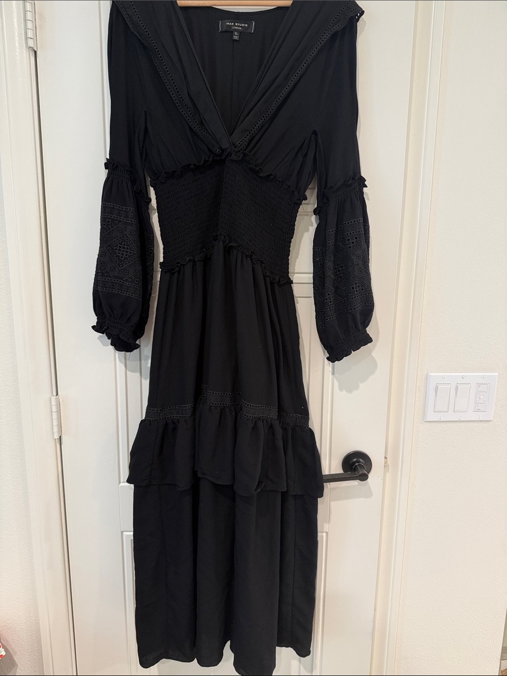 Max Studio Black Long Eyelet Smocked Waist Maxi Dress